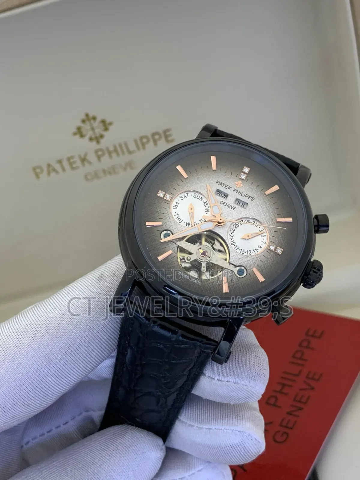 Patek Philippe Geneve Wristwatch Black Genuine Brown Leather Strap