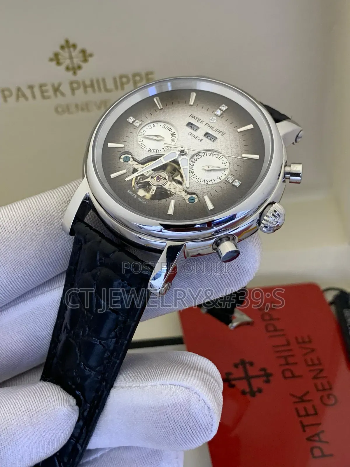 Patek Philippe Geneve Wristwatch Black Genuine Brown Leather Strap