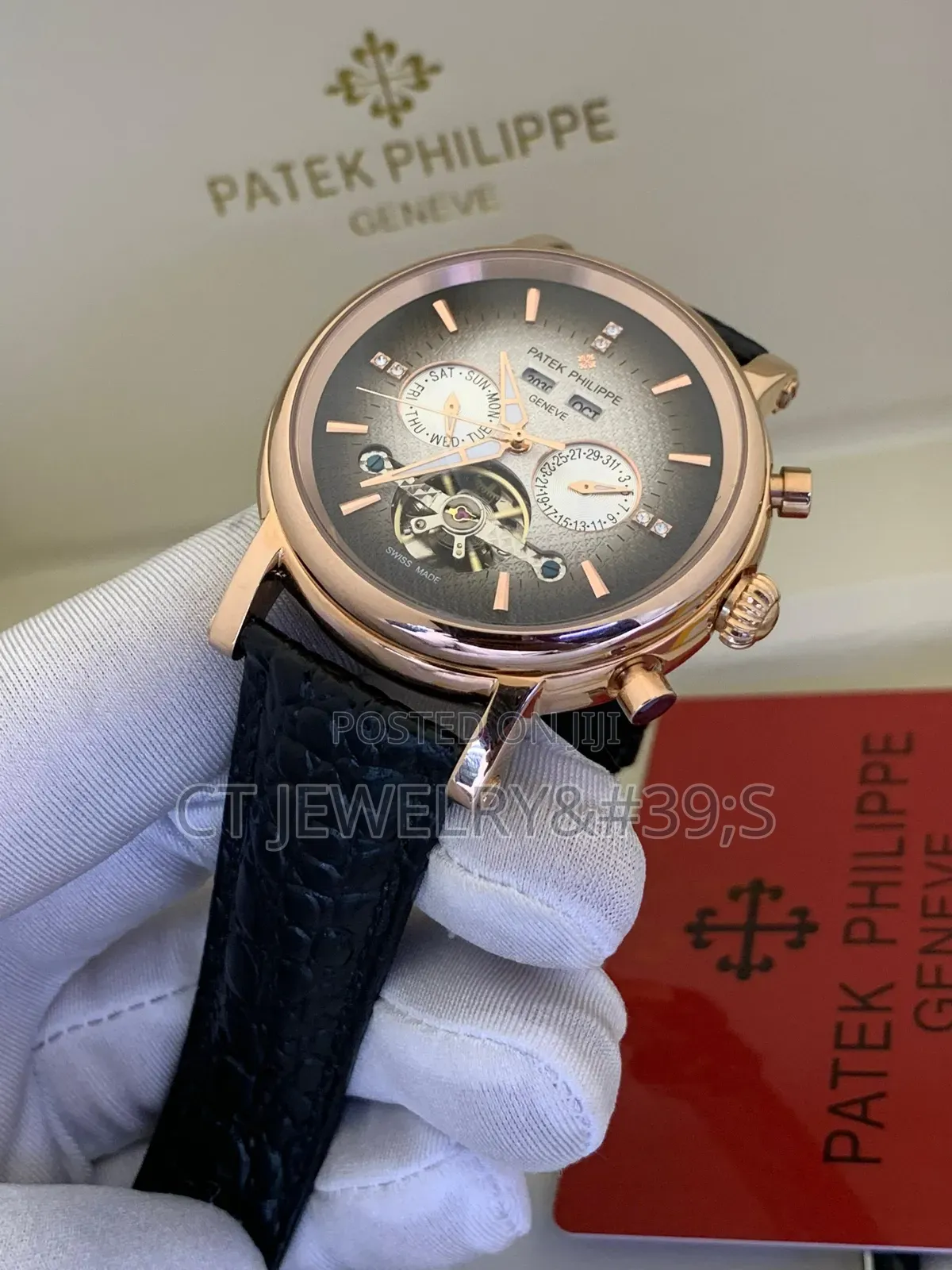 Patek Philippe Geneve Wristwatch Black Genuine Brown Leather Strap