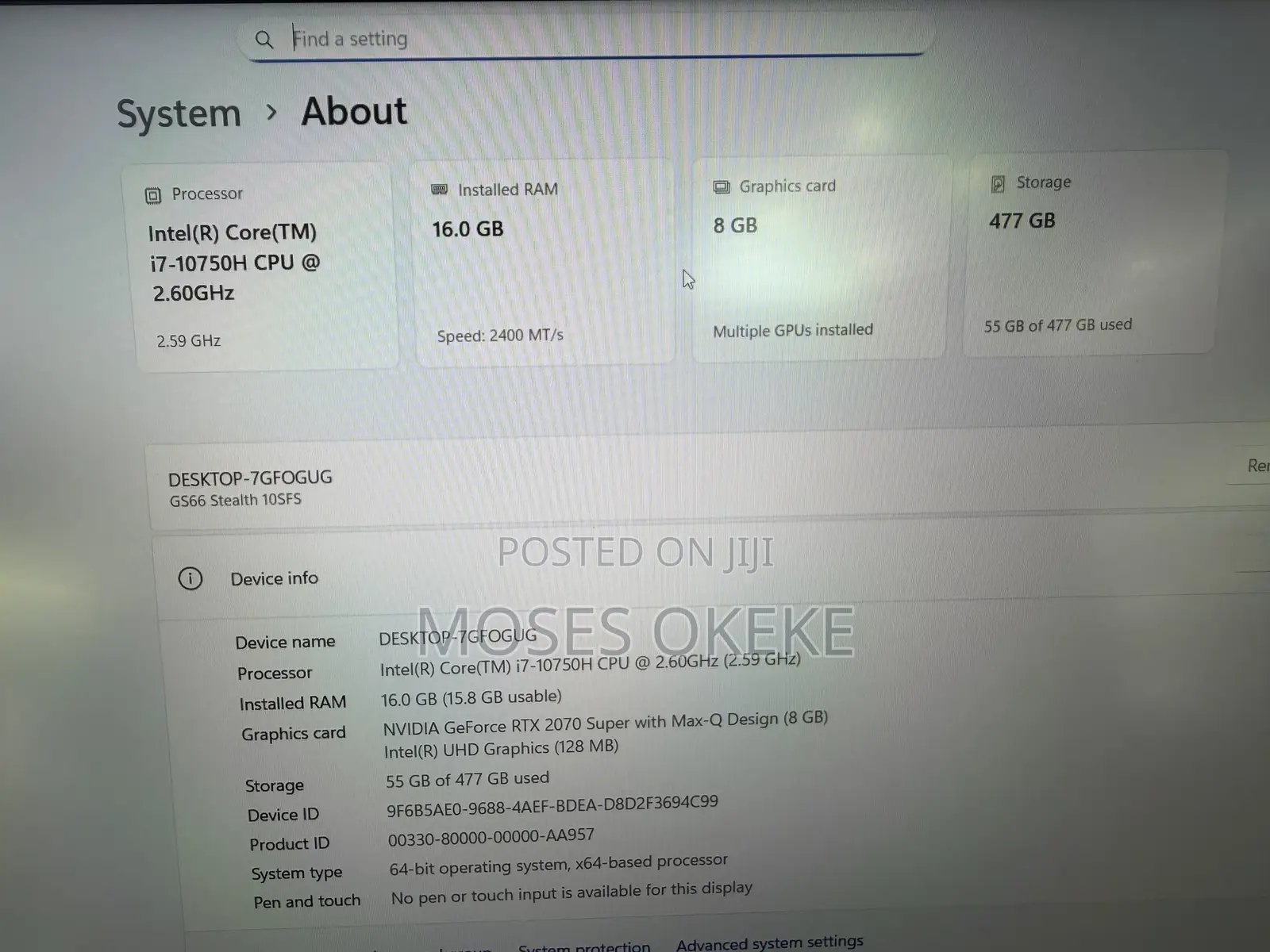 Laptop MSI GS66 Stealth 10SGS 16GB Intel Core i7 SSD 500GB