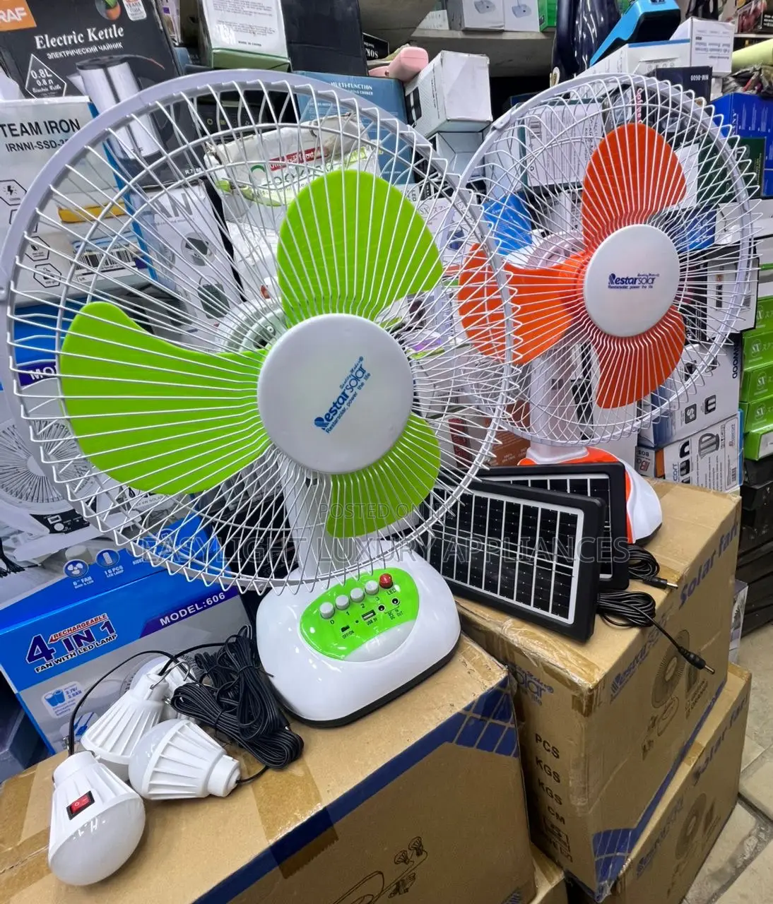 Restar Rechargeable Table Fan With Solar Panel 2 Led Bulbs