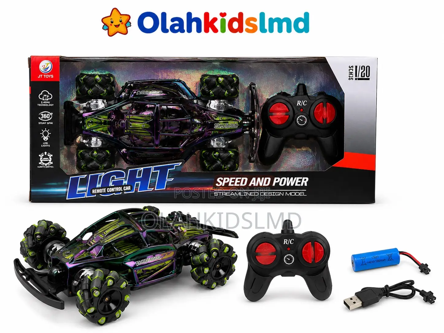 Jt Toys Light-Up Rc Stunt Car – 1:20 Scale 360° Rotating Remote Cont