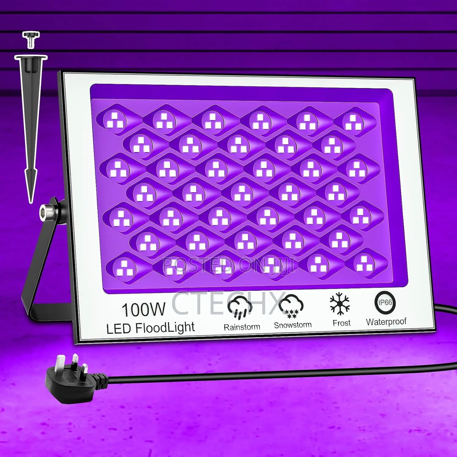 100w Led Uv Light, Waterproof Black Floodlight With 1.5m Plug