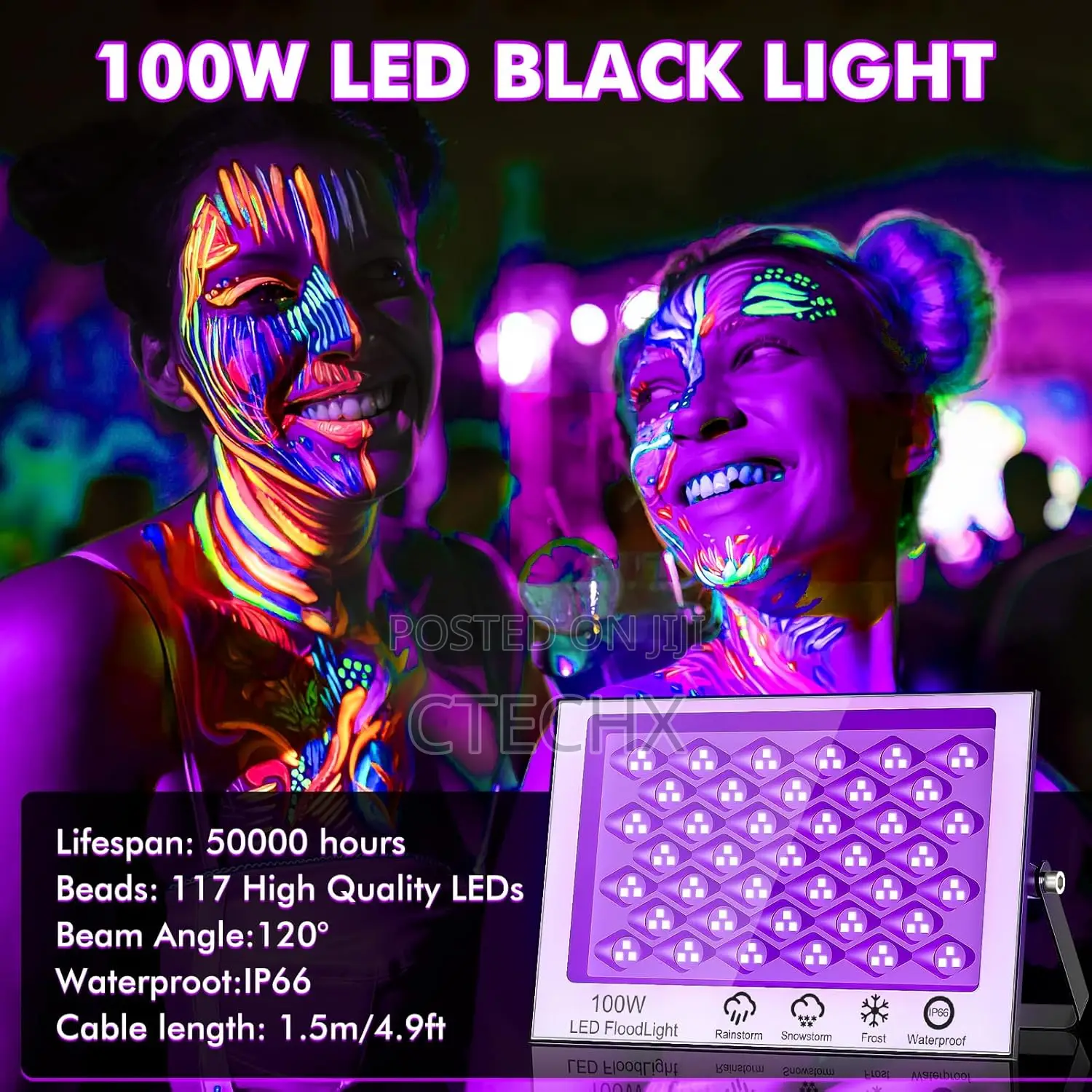 100w Led Uv Light, Waterproof Black Floodlight With 1.5m Plug