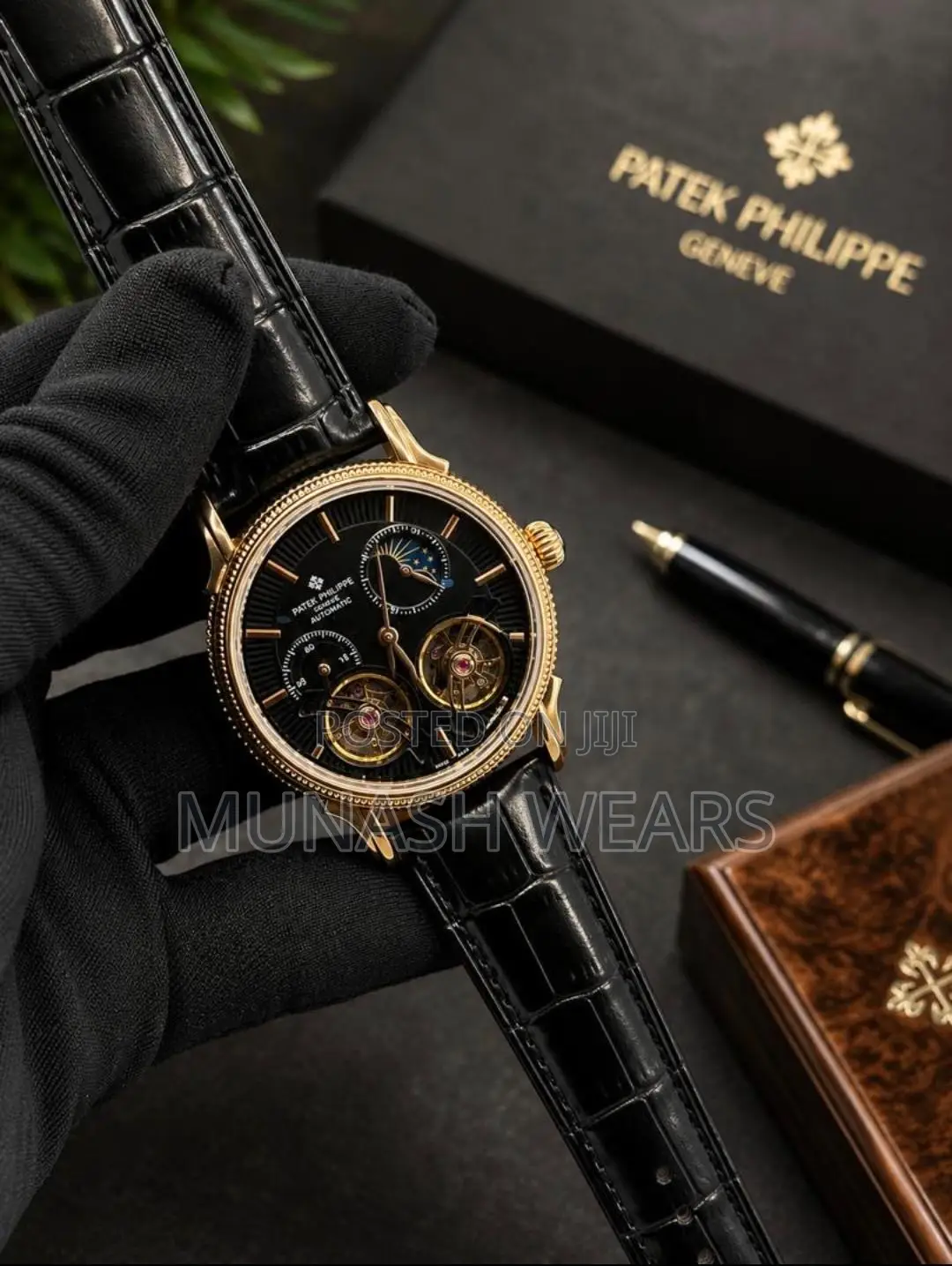 Patek Philippe Original Leather Strap Wristwatch Available in Black