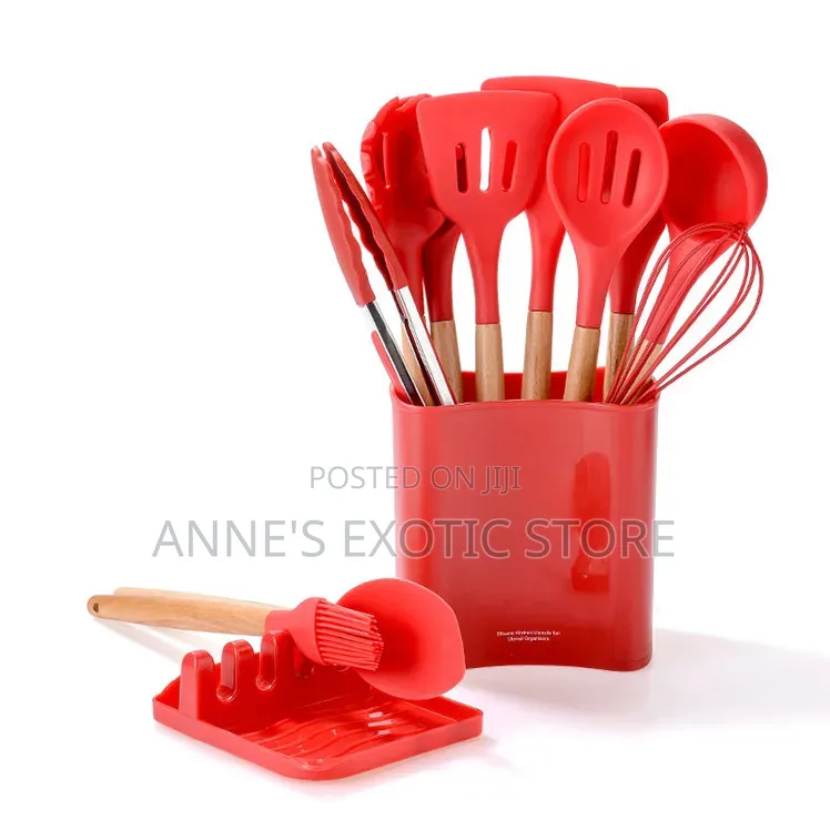 12-Piece Silicone Kitchen Utensil Set With Wooden Handles Holder