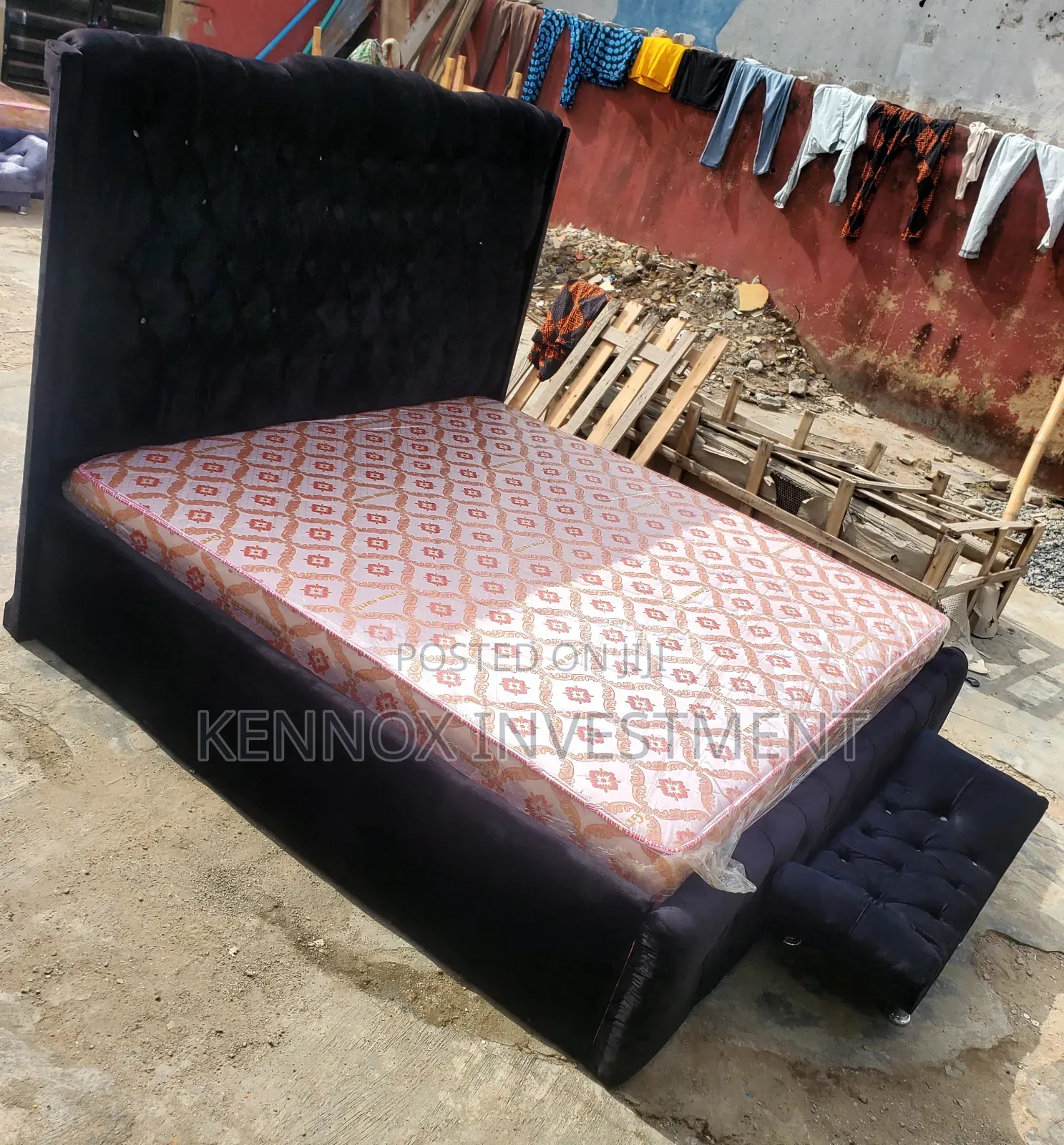 6 By 6 Upholstery Bottoned Bedframe With An Ottoman