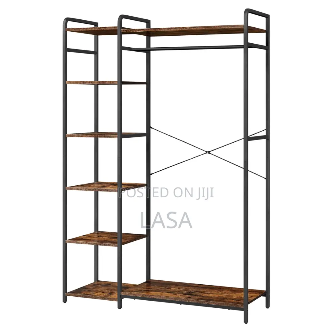 Industrial Open Wardrobe With Clothes Rail Storage Shelves