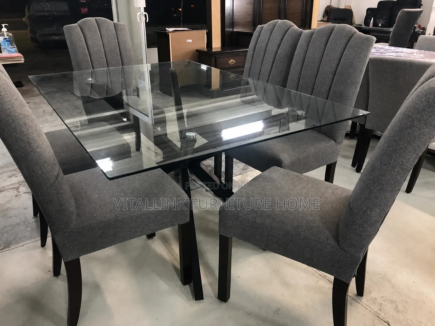 Modern 6-Seater Glass Dining Set With Grey Channel-Tufted Chairs