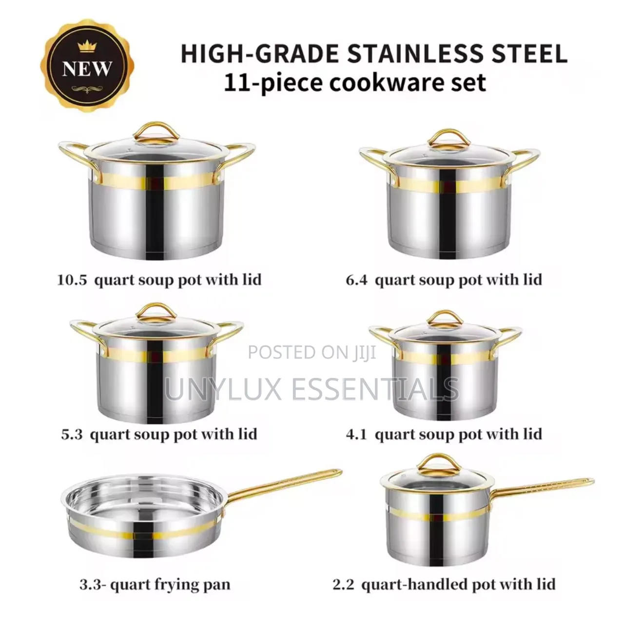 11-Piece Stainless Steel Cookware Set With Gold Accents