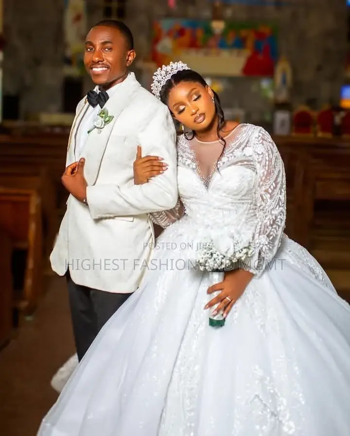Crystal-Encrusted Lace Ballgown Textured Off-White Tuxedo Set