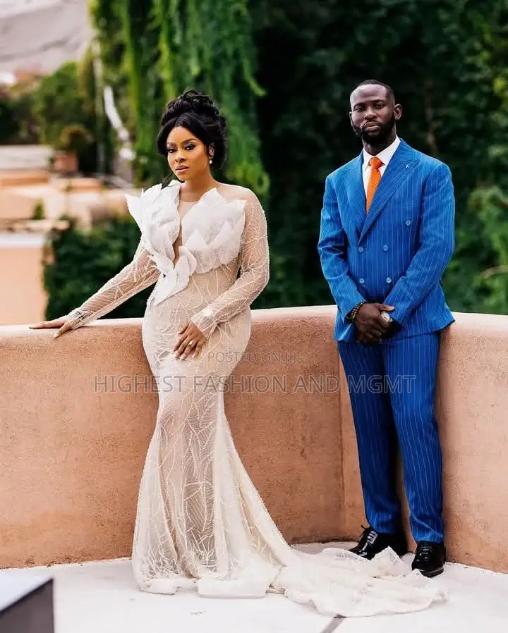 Nude Crystal-Beaded Mermaid Gown Cobalt Blue Pinstripe Suit Set