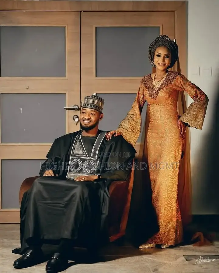 Midnight Black Babban Riga Burnt Orange Brocade Fitted Gown Set