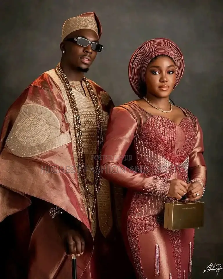 Rose Gold Silk Agbada Corset Gown With Detachable Royal Cape Set