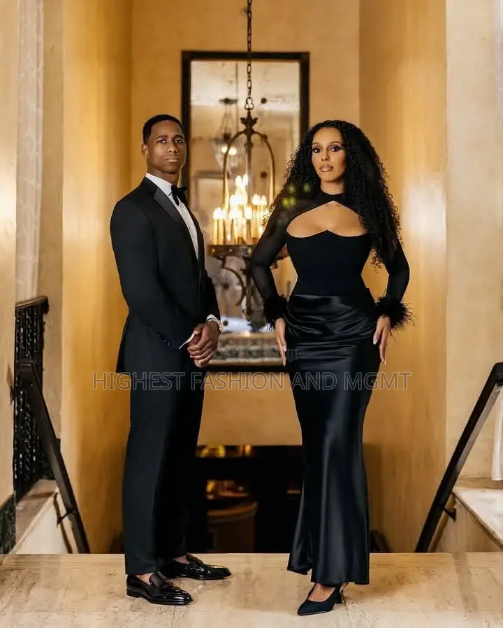 Premium Black Silk-Satin Reception Column Gown Classic Tuxedo Set