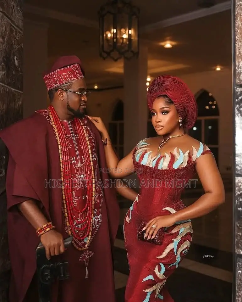 Wine Corset Gown With Multi-Tone Appliques Executive Agbada Set