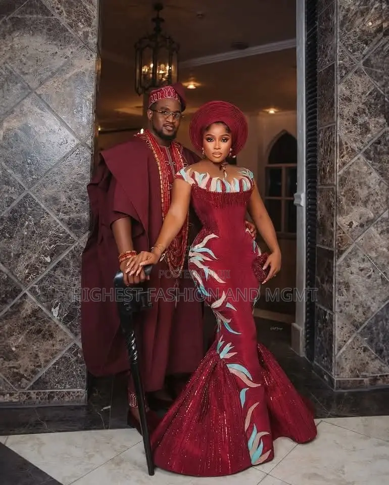 Wine Corset Gown With Multi-Tone Appliques Executive Agbada Set