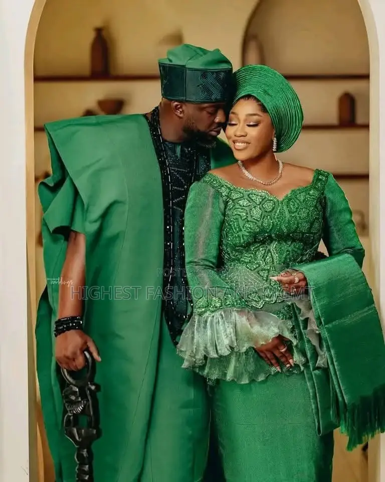 Emerald Textured Aso Oke Agbada Luxe Accordion-Cuff Bridal Gown Set