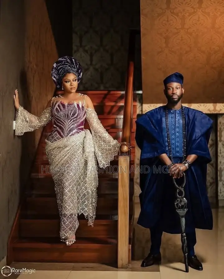 Magenta Corset Gown With Champagne Flared Sleeves Navy Velvet Agbada