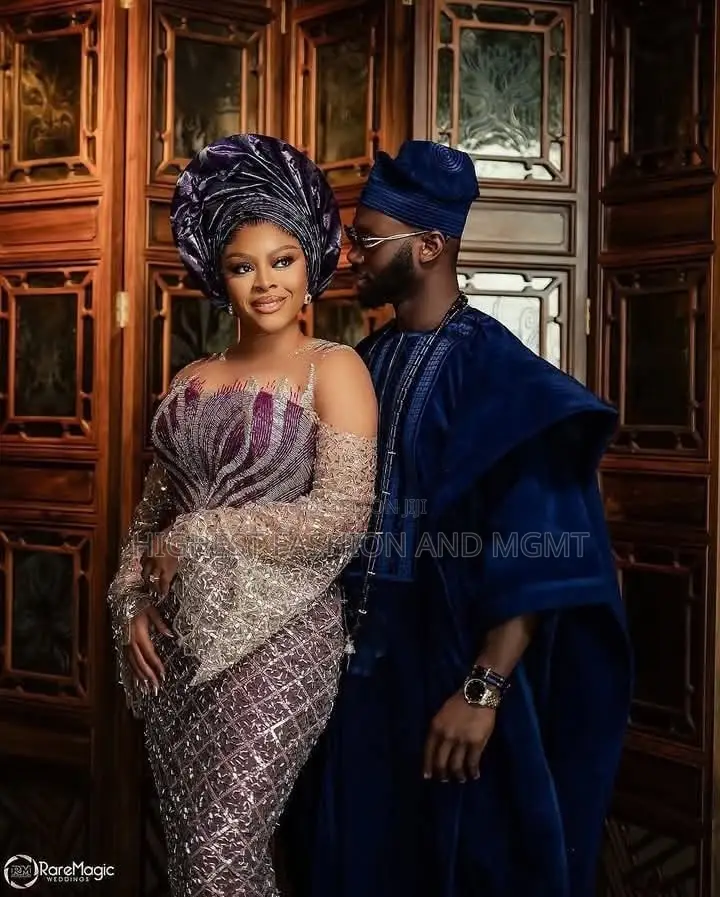 Magenta Corset Gown With Champagne Flared Sleeves Navy Velvet Agbada