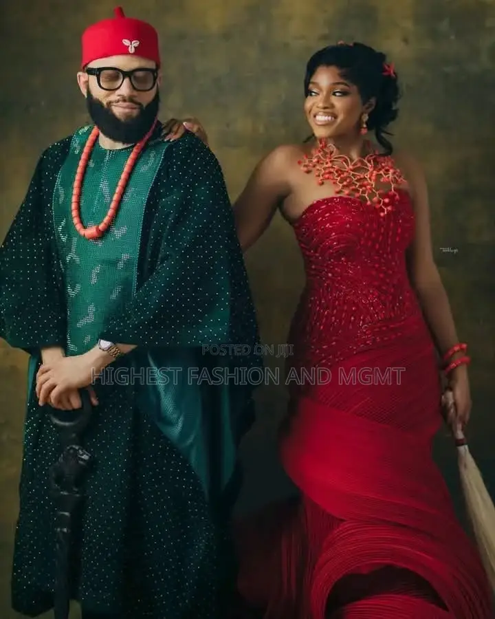Crimson Pleated Wave Gown Elite Emerald Star-Dusted Agbada Set
