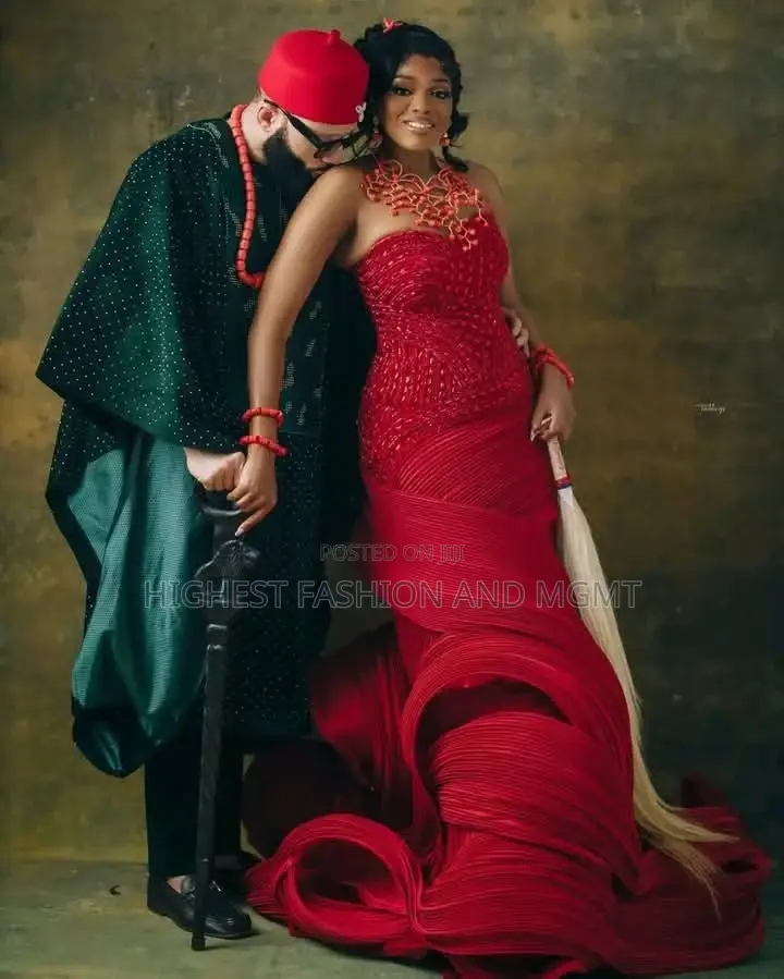 Crimson Pleated Wave Gown Elite Emerald Star-Dusted Agbada Set