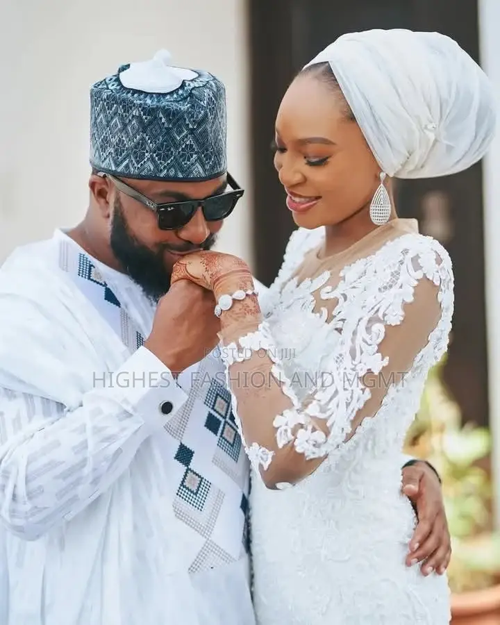 Illusion Lace High-Neck Bridal Gown White Agbada With Tonal Matrix