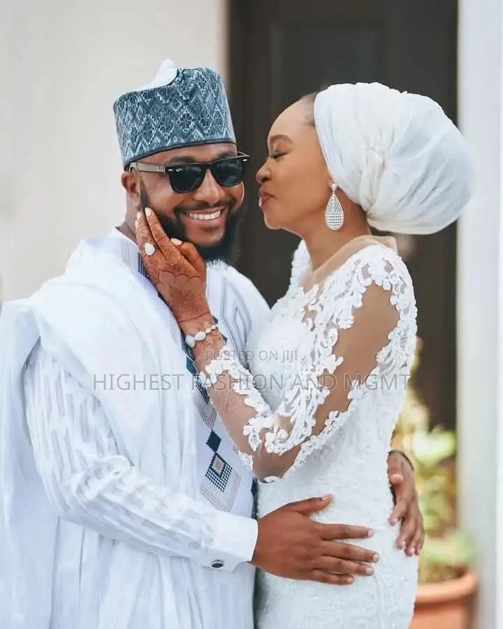 Illusion Lace High-Neck Bridal Gown White Agbada With Tonal Matrix