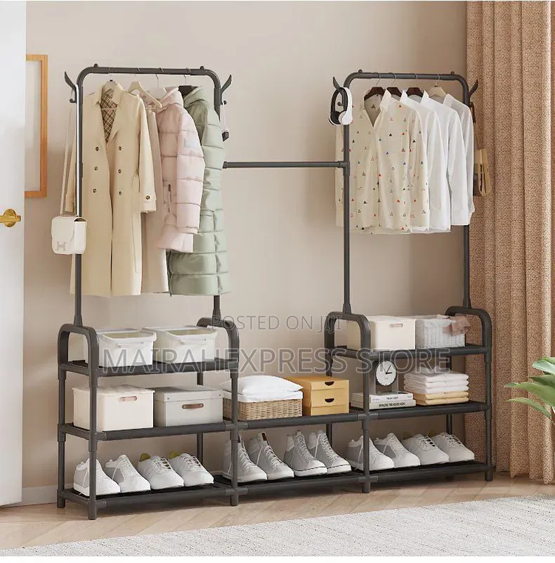 Twin Rack. Double Cloth Hangers With Shoe Racks.