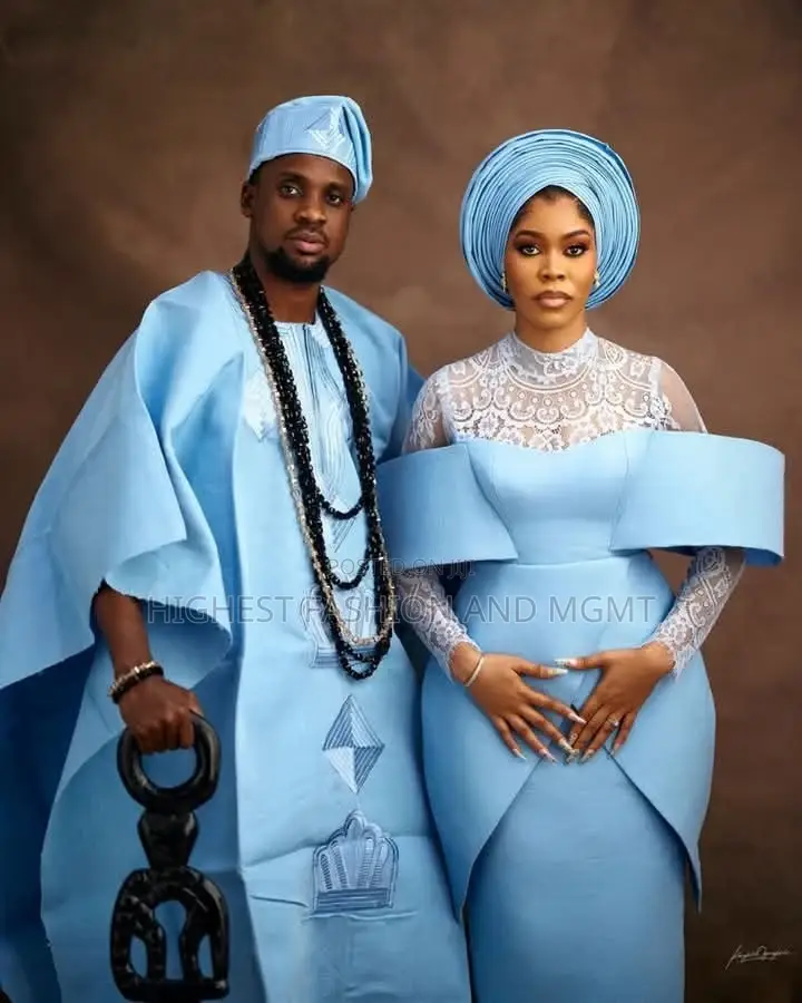 Sky Blue Off-Shoulder Gown With Chantilly Lace Imperial Agbada Set