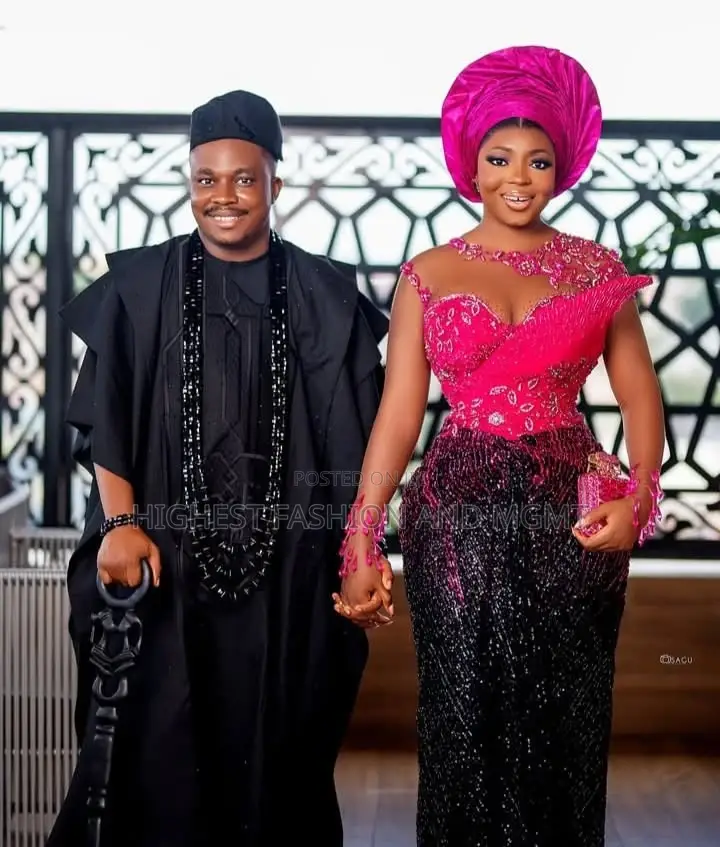 Beaded Corset Gown With Asymmetric Wing Black Imperial Agbada Set