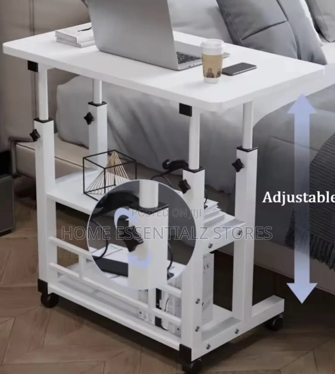 Adjustable Mobile Laptop Desk - 3-Tier Rolling Bedside Reading Table