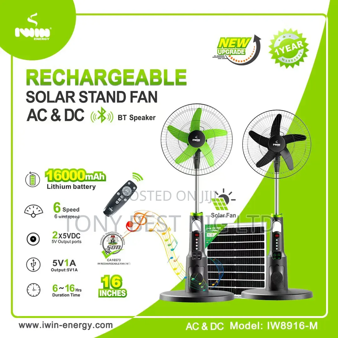 Iwin Quality Solar Rechargeable Fan 18"Inches