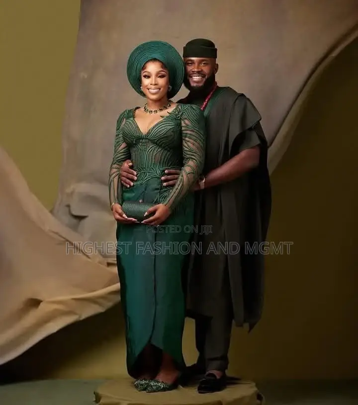 Green Illusion Mesh Gown Premium Olive Forest Minimalist Agbada Set