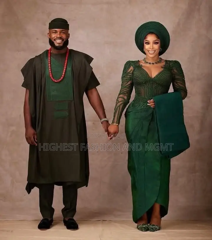Green Illusion Mesh Gown Premium Olive Forest Minimalist Agbada Set