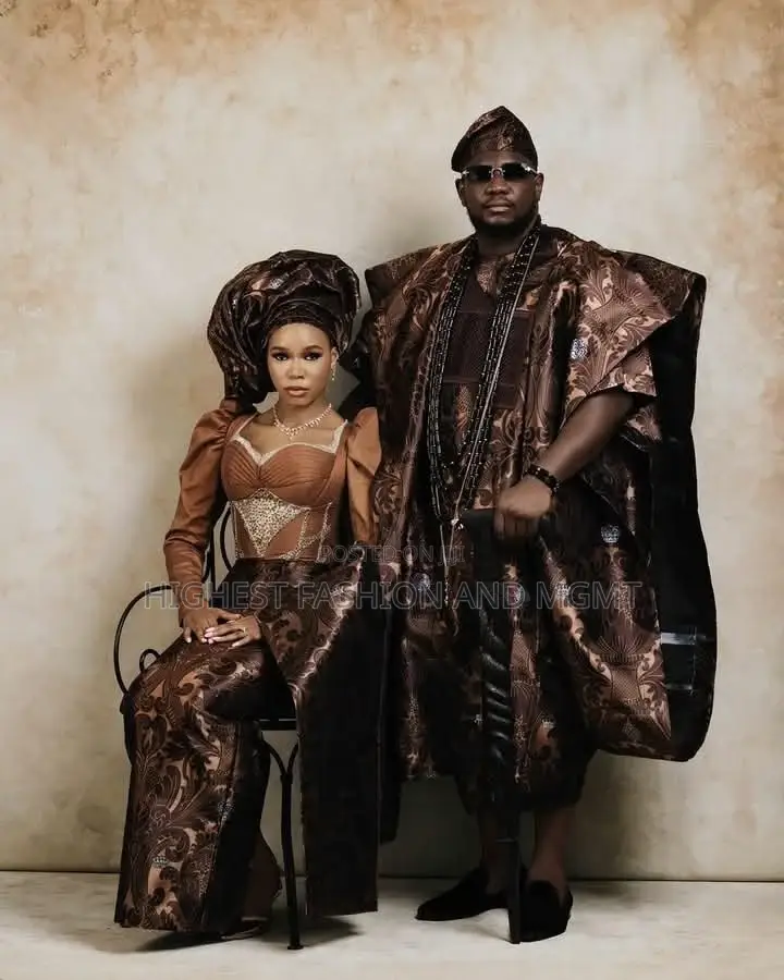 Vintage Bronze Damask Agbada Cocoa Brown Corseted Iro and Buba Set