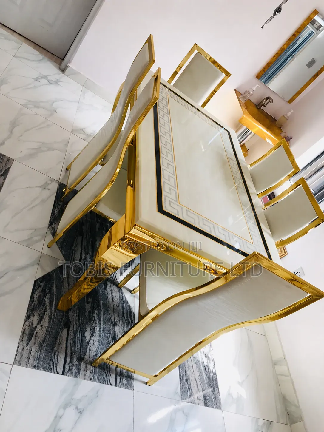 6-Seater Animal Leg Marble Dining Set With Gold Frame