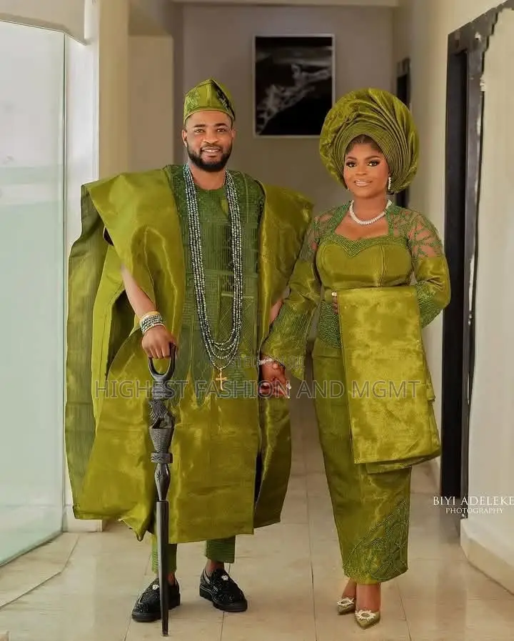 Olive Green Aso Oke Traditional Bridal Groom Ensemble