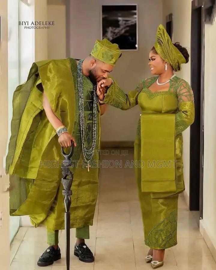 Olive Green Aso Oke Traditional Bridal Groom Ensemble