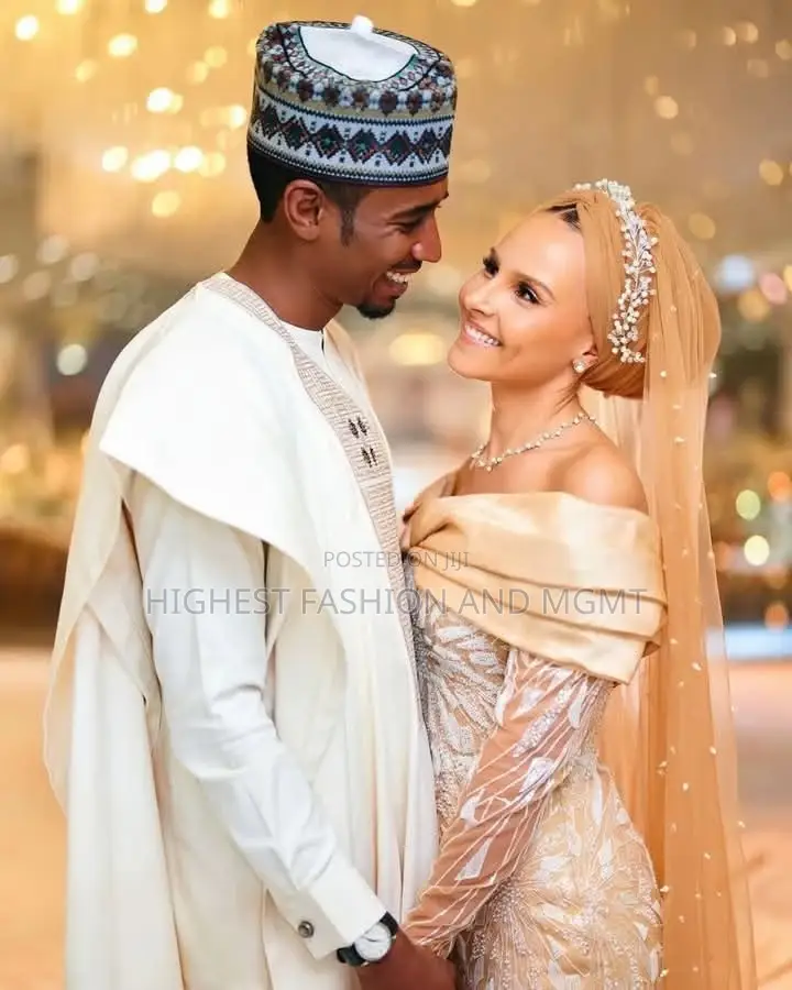 Off Shoulder Champagne Gown and Agbada