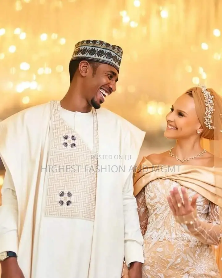 Off Shoulder Champagne Gown and Agbada