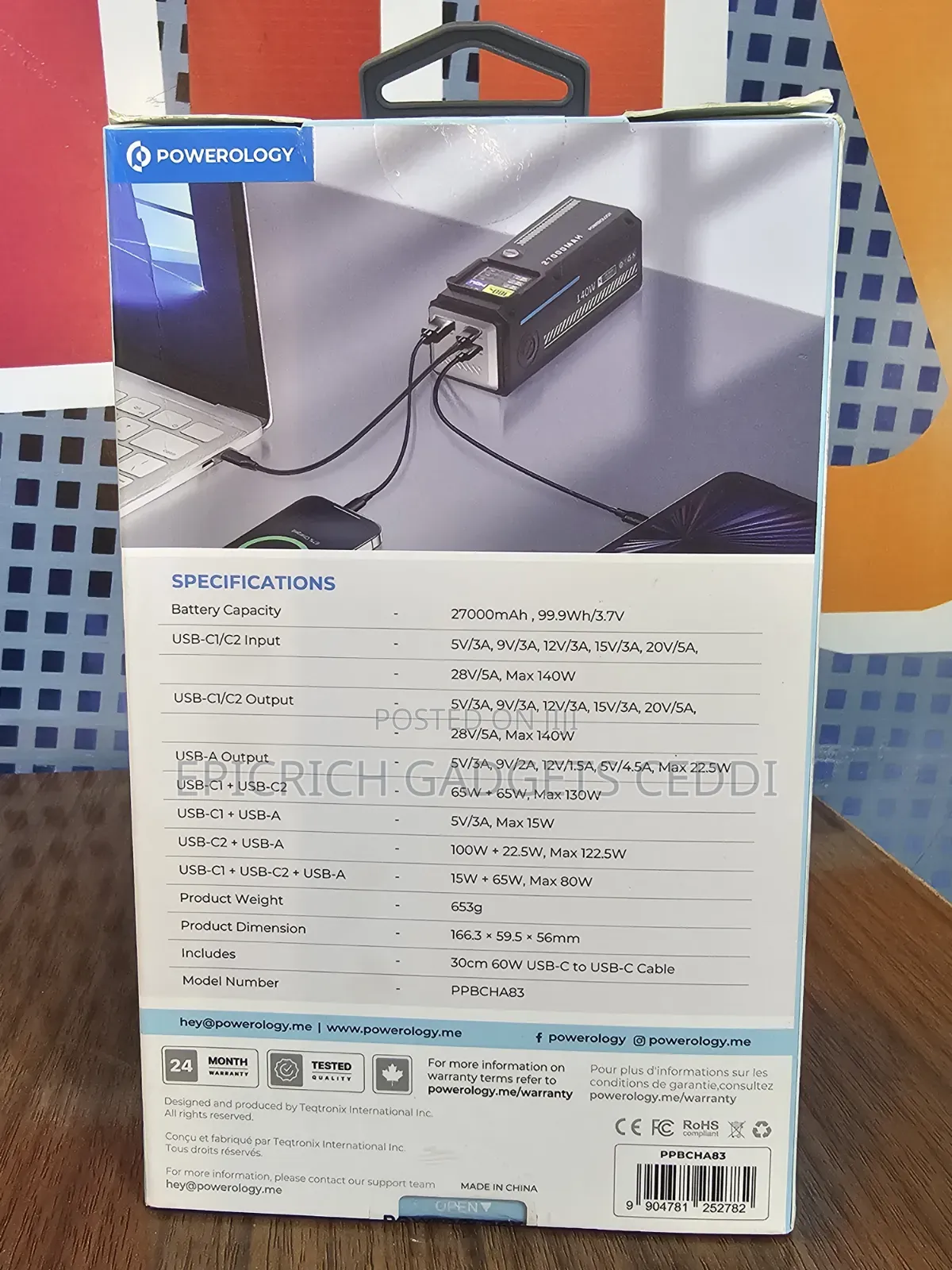 Powerology 27,000mah 140w Laptop, Tablet and Phone Portable Powerbank