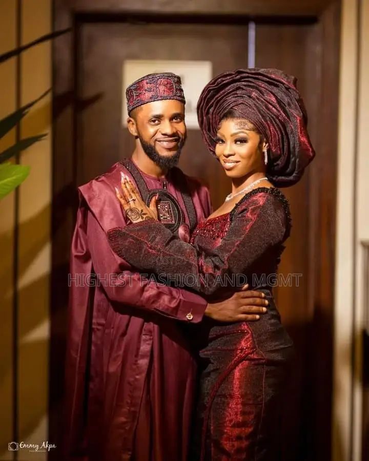 Burgundy Shimmer Lace Bridal Gown Matching Agbada Set