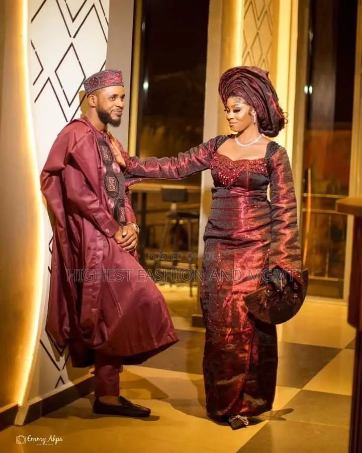 Burgundy Shimmer Lace Bridal Gown Matching Agbada Set