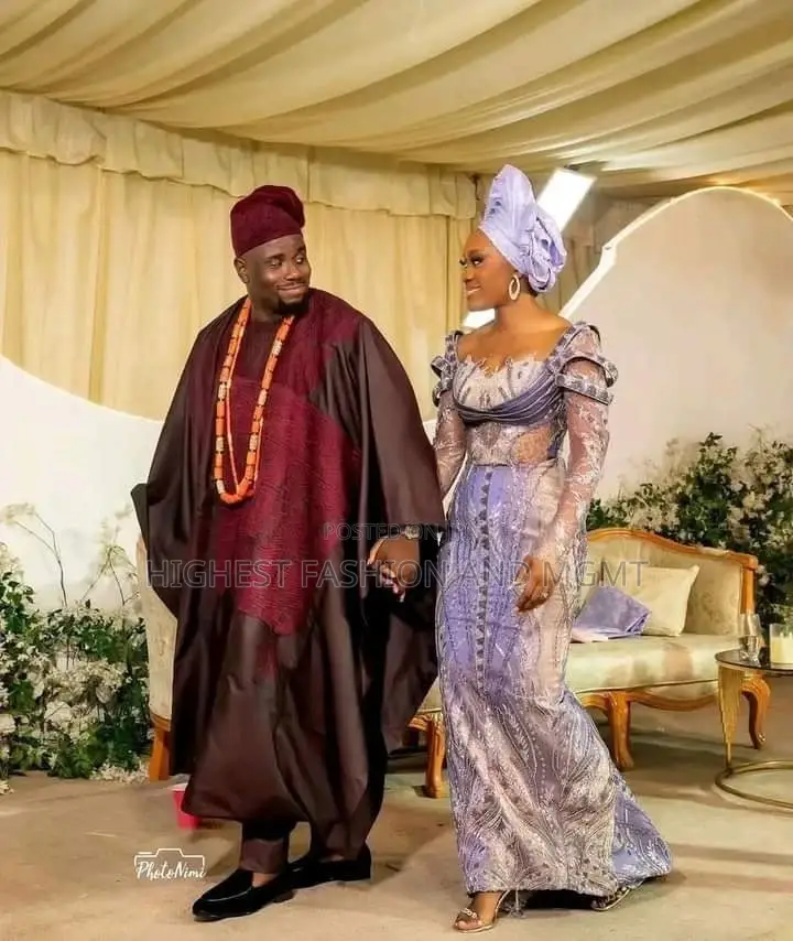 Maroon Agbada Lilac Embellished Lace Bridal Gown