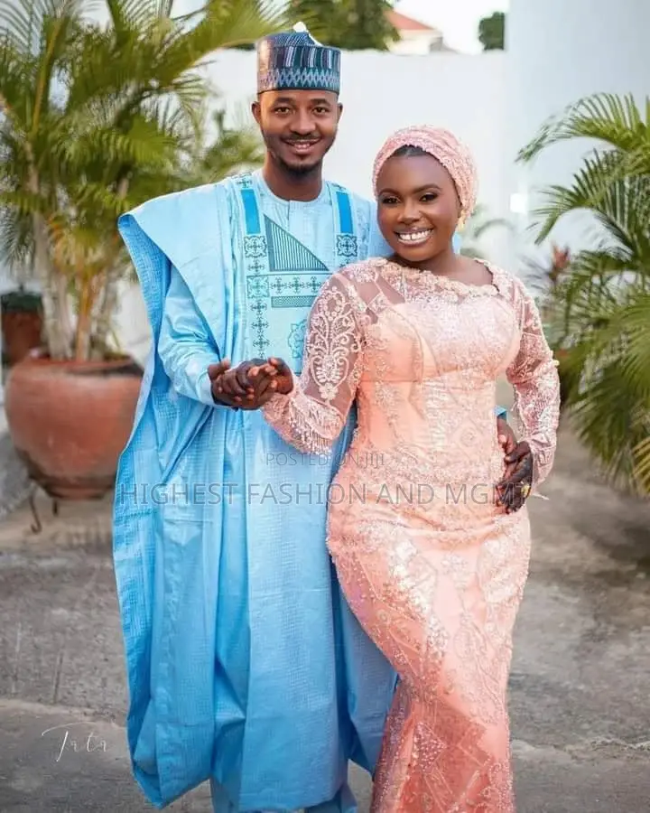 Sky Blue Embroidered Agbada Peach Lace Bridal Gown