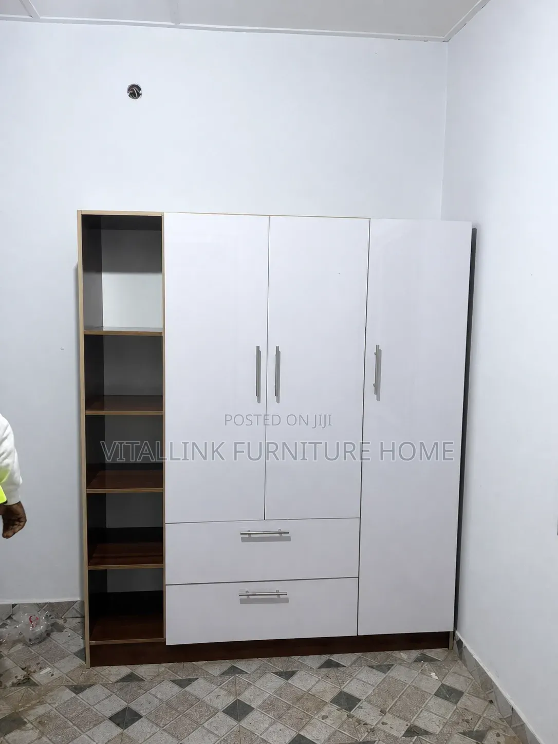 Modern 3-Door Wardrobe With Side Open Shelves Drawers