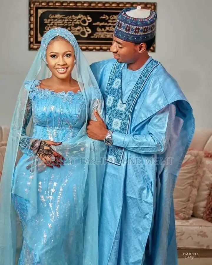 Sky-Blue Embroidered Agbada Embellished Lace Bridal Gown