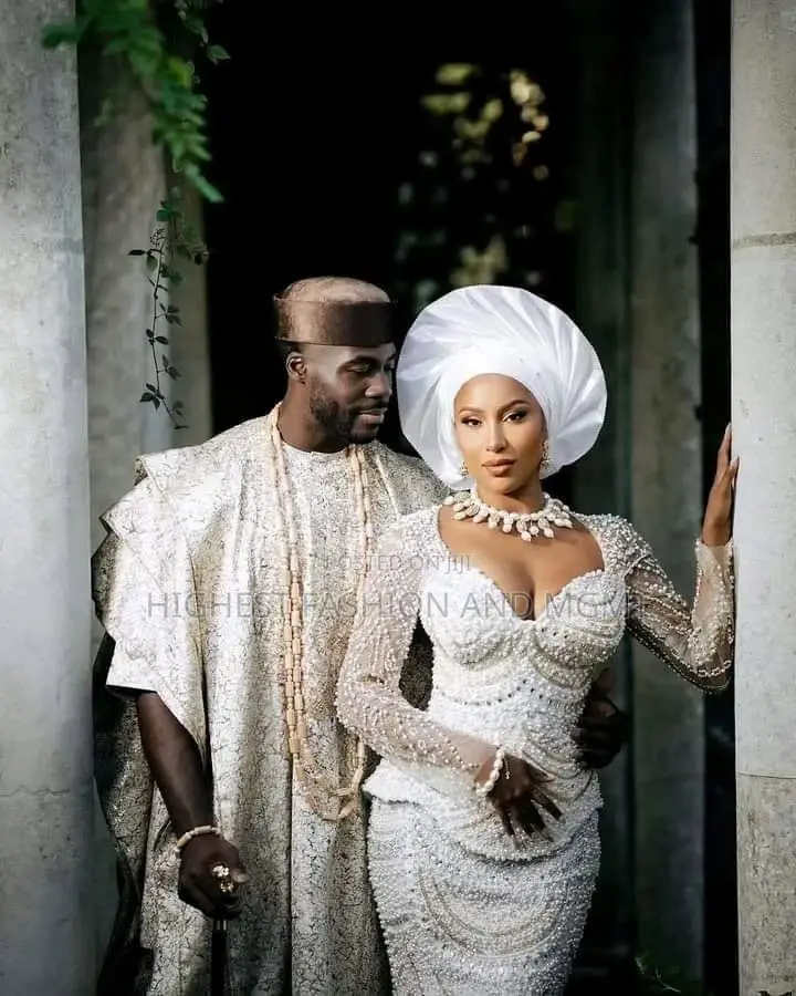 White-Gold Embellished Bridal Gown Metallic-Textured Agbada