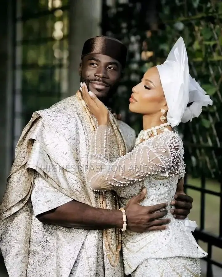 White-Gold Embellished Bridal Gown Metallic-Textured Agbada